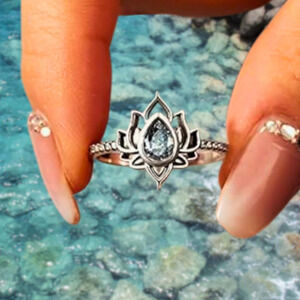 Lotus Flower Silver Stone Ring, Sterling Silver, Minimalist Boho Jewelry